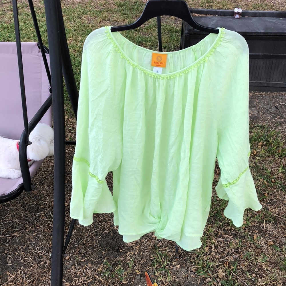 Lime green top with a twist tie in the front.